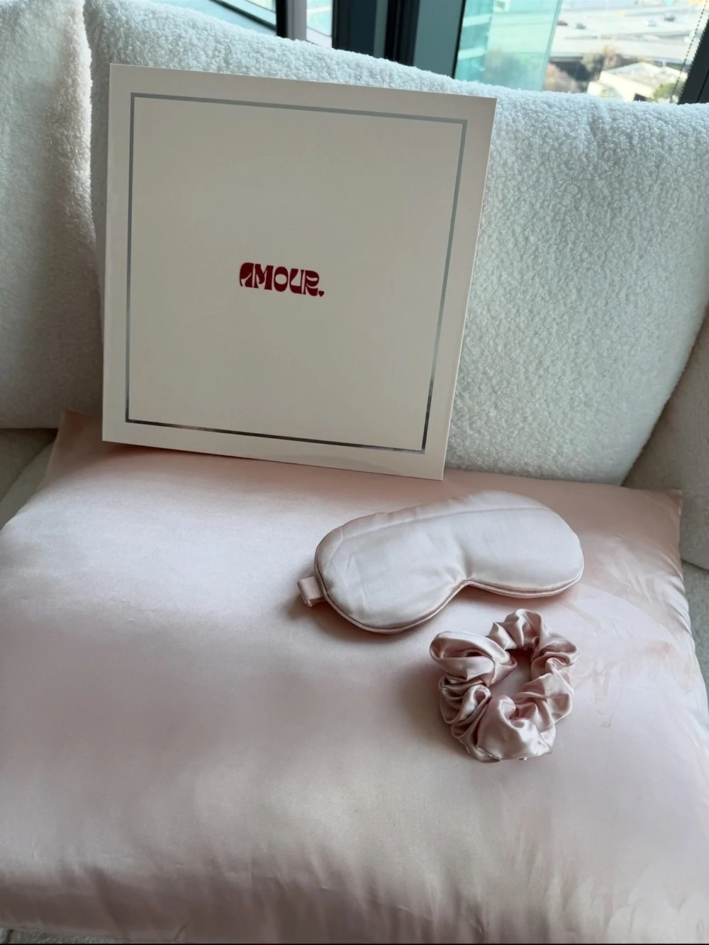 Pale Pink Satin Accent Pillow with Sleep Mask & Scrunchie